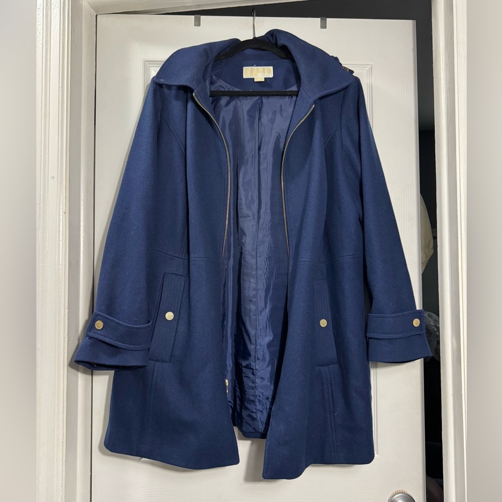 Michael Kors Navy Wool Blend Hooded Coat 1X Gold Hardware Zip Plus Size Winter